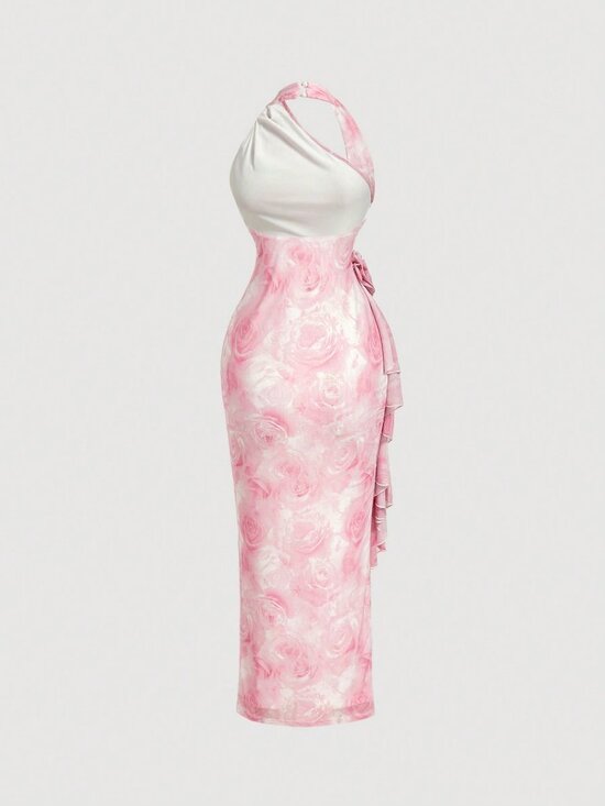 Pink Elegant Women's Halter Neck Dress with Floral Print Asymmetric High Slit - Picture 4 of 6